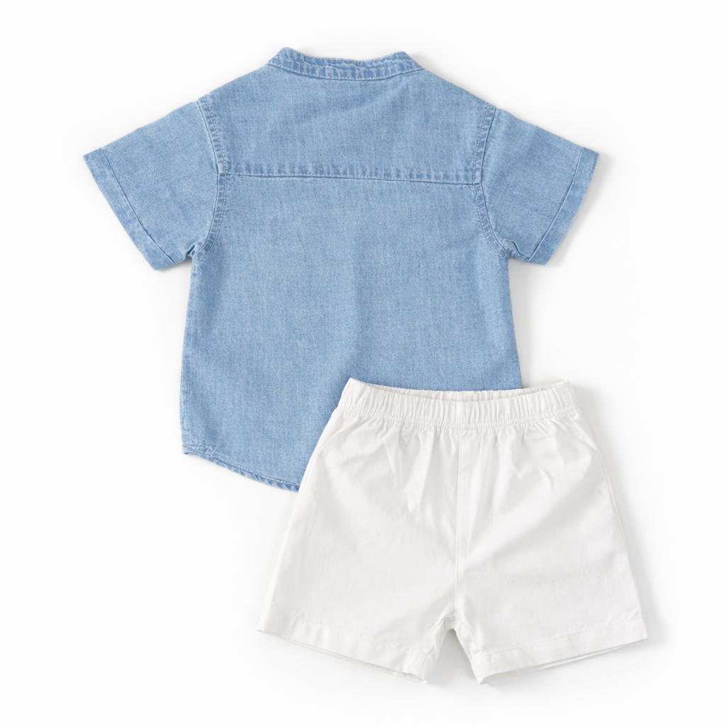 LITTLE KANGAROO Baby Boys Light Blue Denim Shirt & White Shorts Clothing Set (3–24 Months)