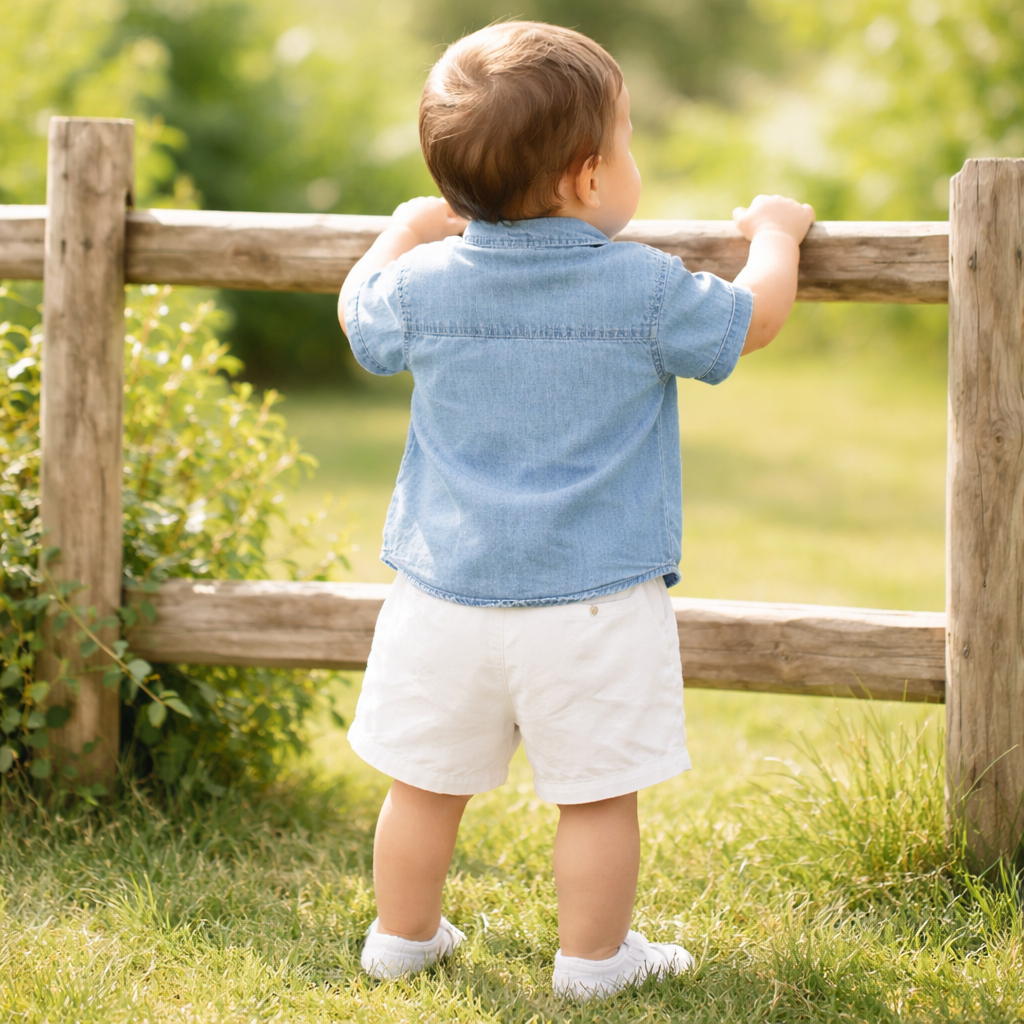 LITTLE KANGAROO Baby Boys Light Blue Denim Shirt & White Shorts Clothing Set (3–24 Months)