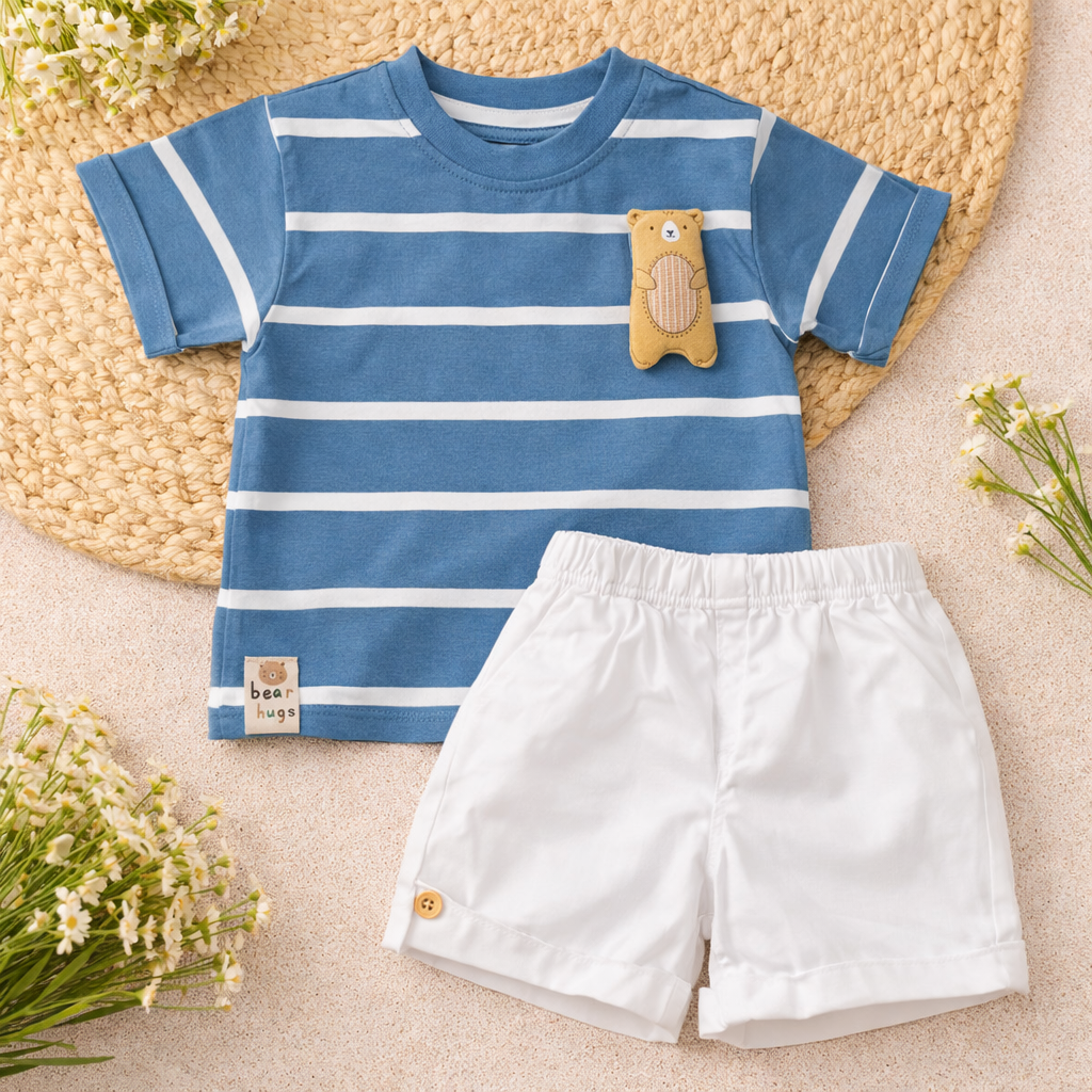 LITTLE KANGAROO Baby Boys Cotton T-Shirt & Shorts Set | Striped Summer Outfit | 6–24 Months (Blue, Green)