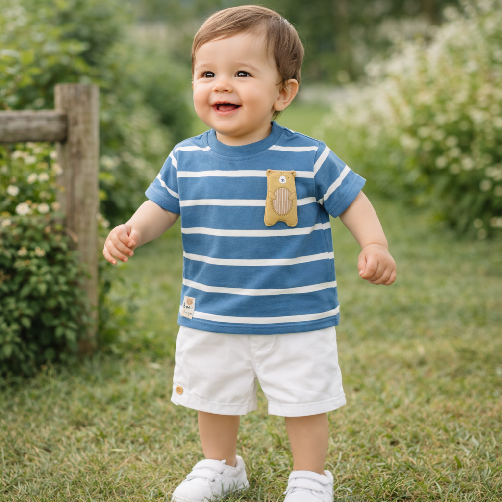 LITTLE KANGAROO Baby Boys Cotton T-Shirt & Shorts Set | Striped Summer Outfit | 6–24 Months (Blue, Green)