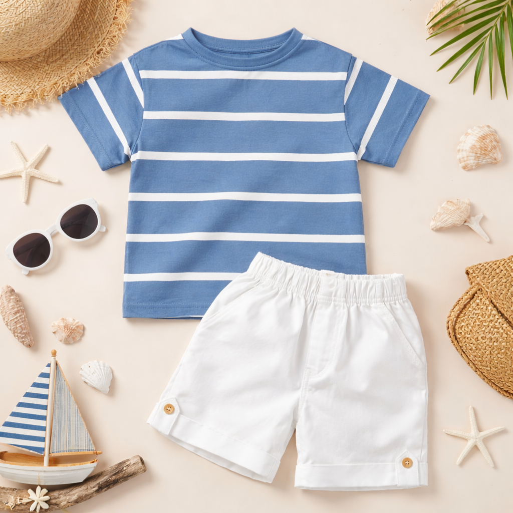 LITTLE KANGAROO Baby Boys Cotton T-Shirt & Shorts Set | Striped Summer Outfit | 6–24 Months (Blue, Green)