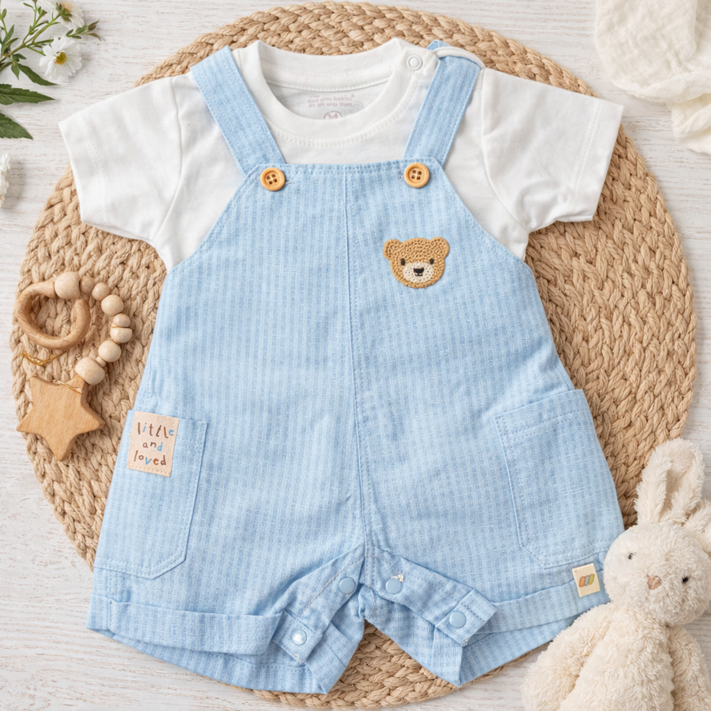 LITTLE KANGAROO Sky Blue Baby Dungaree Set with White Tee | Cute Bear Embroidery | 3-18 Months