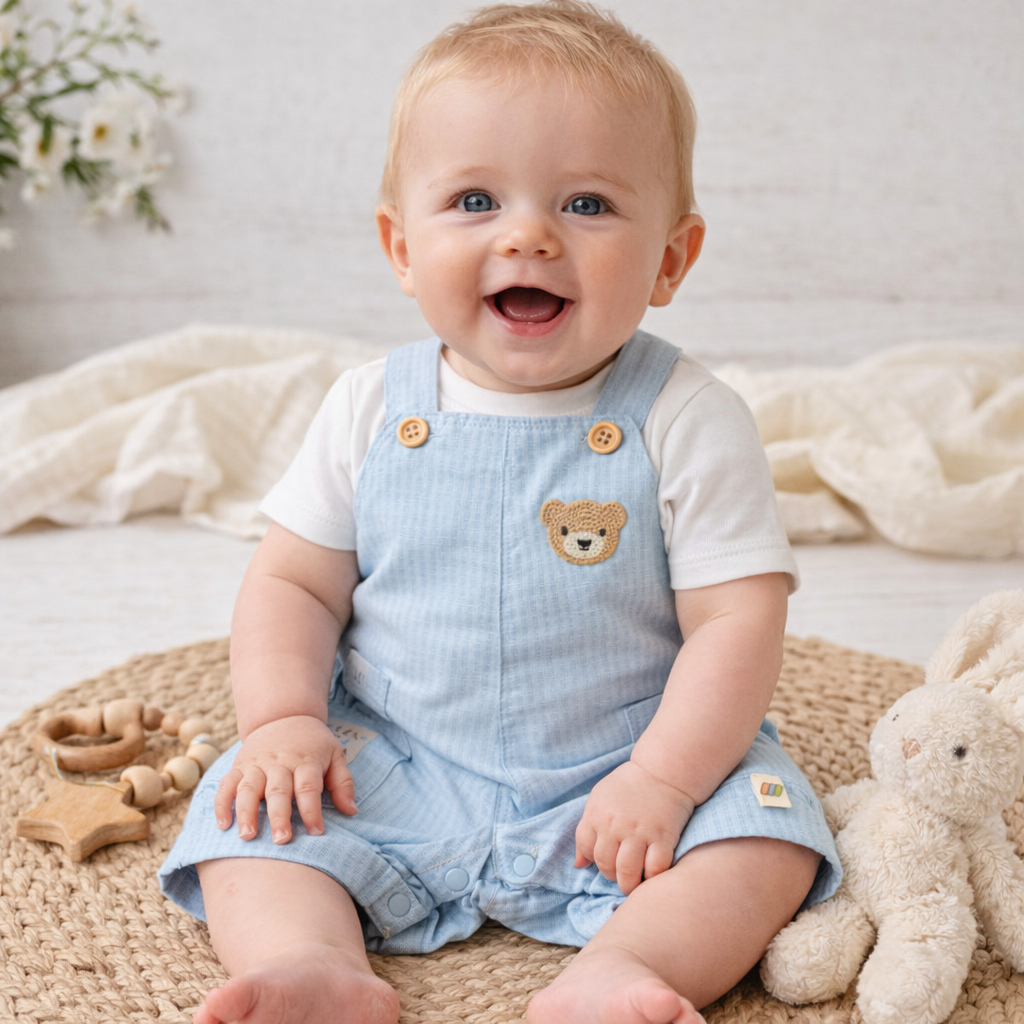 LITTLE KANGAROO Sky Blue Baby Dungaree Set with White Tee | Cute Bear Embroidery | 3-18 Months