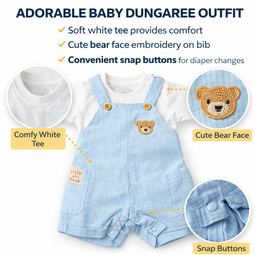LITTLE KANGAROO Sky Blue Baby Dungaree Set with White Tee | Cute Bear Embroidery | 3-18 Months
