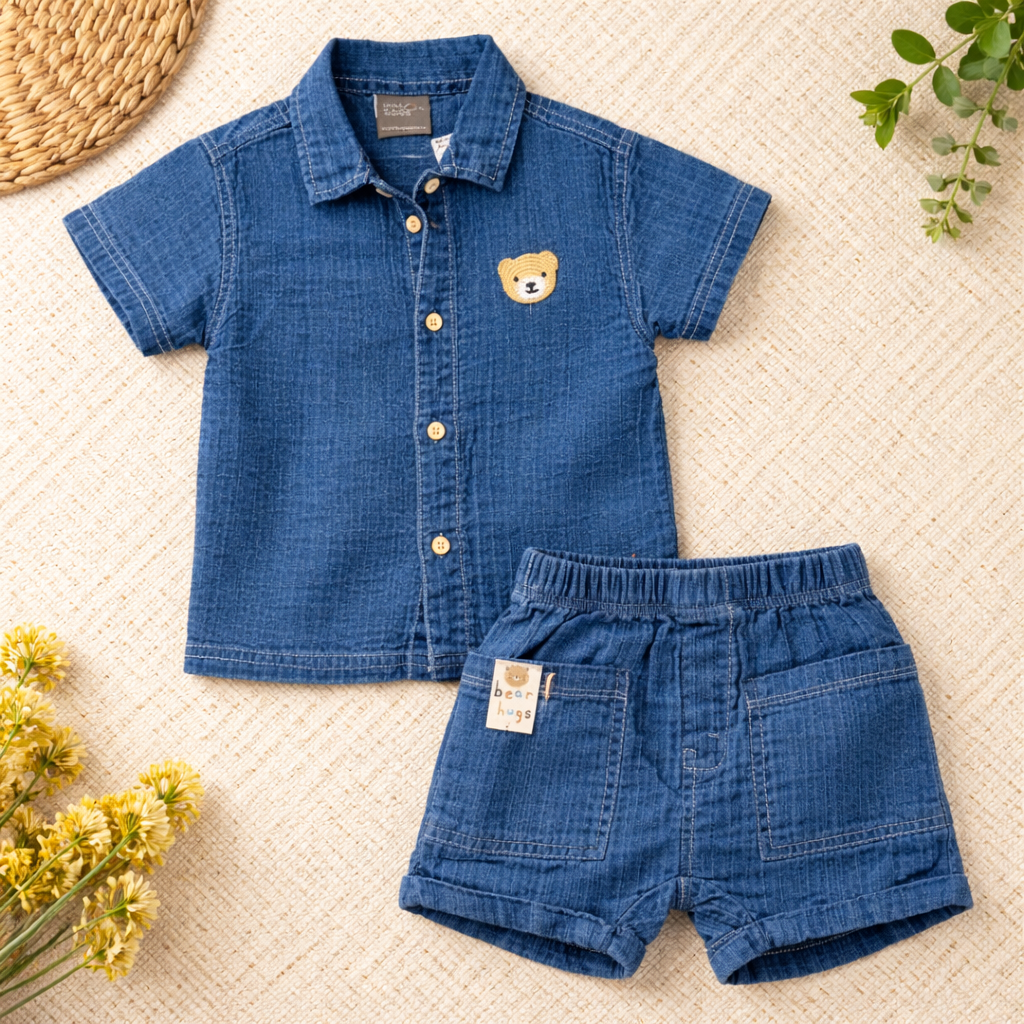 Little Kangaroo Baby Boys Denim Shirt & Shorts Set – Dark Blue | 6 to 24 Months
