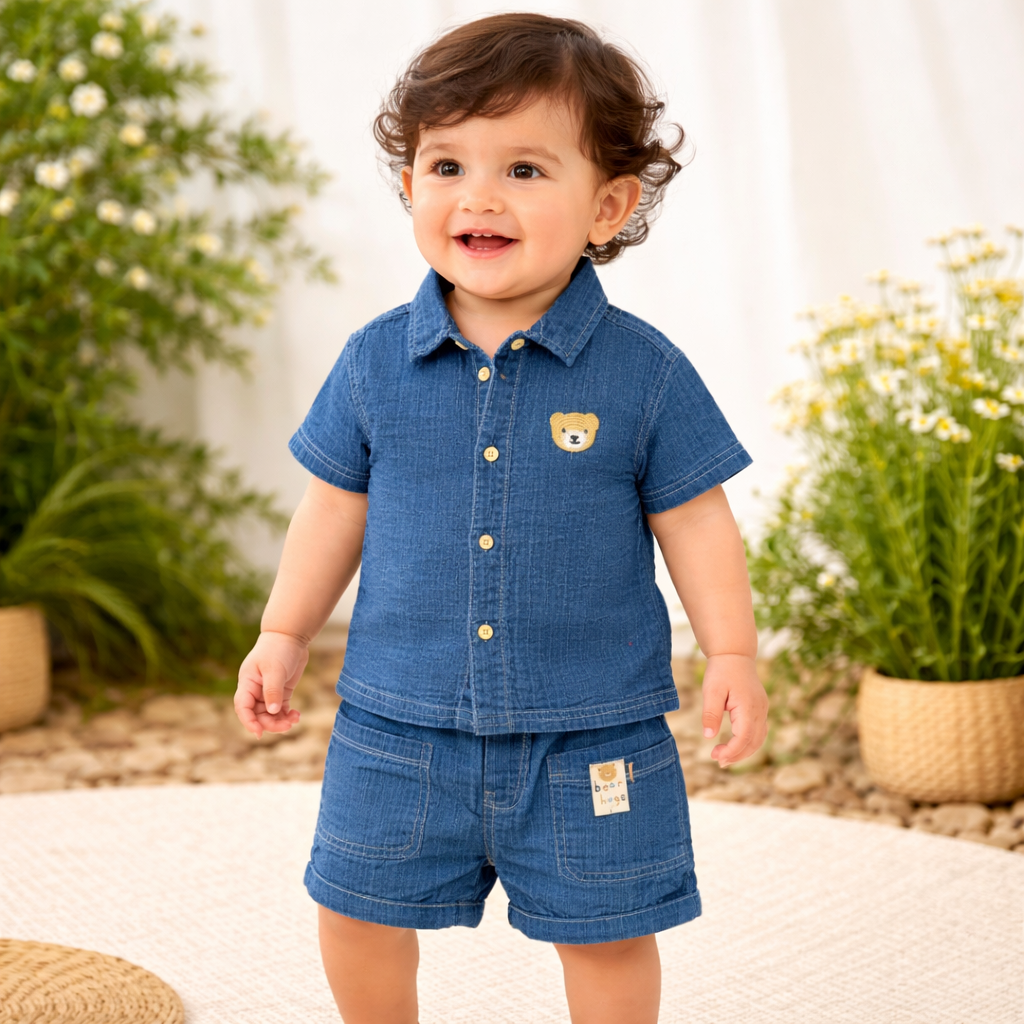 Little Kangaroo Baby Boys Denim Shirt & Shorts Set – Dark Blue | 6 to 24 Months
