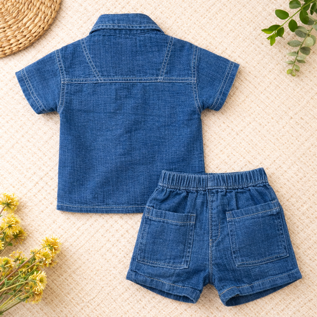 Little Kangaroo Baby Boys Denim Shirt & Shorts Set – Dark Blue | 6 to 24 Months