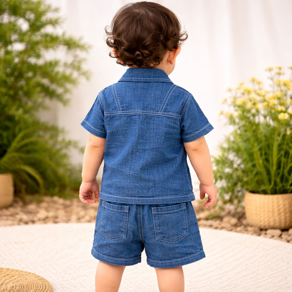 Little Kangaroo Baby Boys Denim Shirt & Shorts Set – Dark Blue | 6 to 24 Months