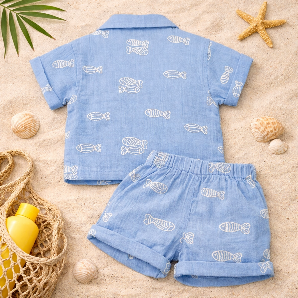 LITTLE KANGAROO Boys Summer Cotton Shirt & Shorts Set | Fish Print Co-ord Outfit for Baby Boys | Soft Breathable Beach Wear Set | Casual Holiday Clothing | 6–24 Months | Sky Blue & White