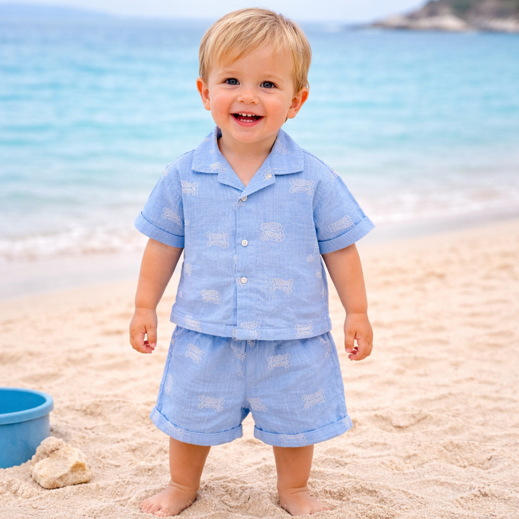 LITTLE KANGAROO Boys Summer Cotton Shirt & Shorts Set | Fish Print Co-ord Outfit for Baby Boys | Soft Breathable Beach Wear Set | Casual Holiday Clothing | 6–24 Months | Sky Blue & White