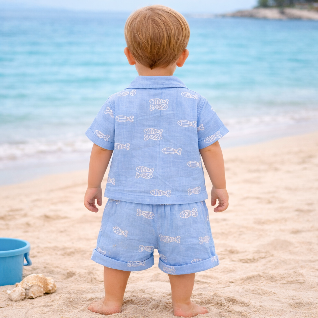 LITTLE KANGAROO Boys Summer Cotton Shirt & Shorts Set | Fish Print Co-ord Outfit for Baby Boys | Soft Breathable Beach Wear Set | Casual Holiday Clothing | 6–24 Months | Sky Blue & White