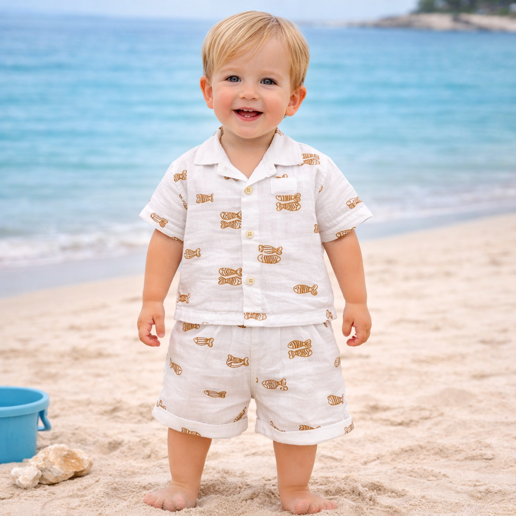 LITTLE KANGAROO Boys Summer Cotton Shirt & Shorts Set | Fish Print Co-ord Outfit for Baby Boys | Soft Breathable Beach Wear Set | Casual Holiday Clothing | 6–24 Months | Sky Blue & White