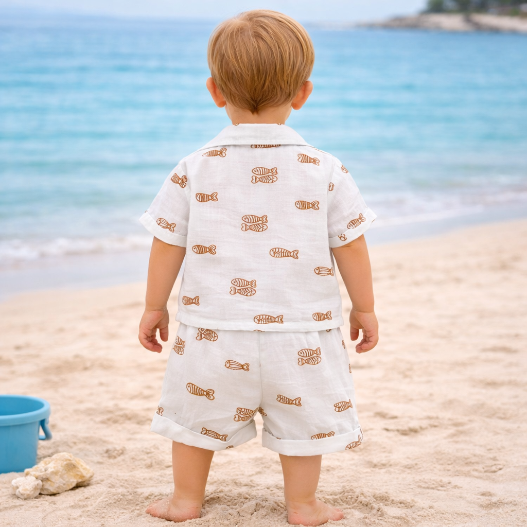 LITTLE KANGAROO Boys Summer Cotton Shirt & Shorts Set | Fish Print Co-ord Outfit for Baby Boys | Soft Breathable Beach Wear Set | Casual Holiday Clothing | 6–24 Months | Sky Blue & White