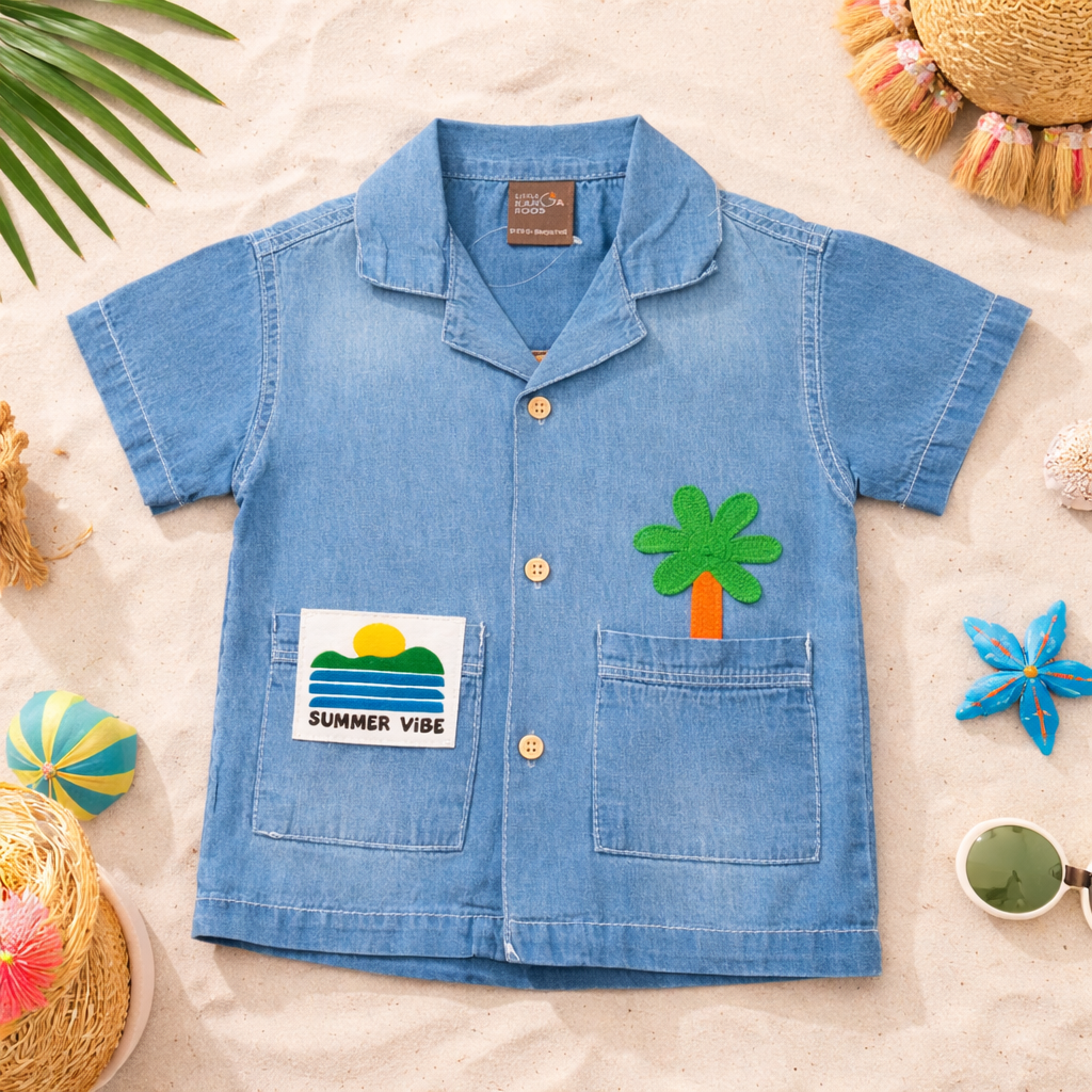 LITTLE KANGAROO Baby Boys Light Blue Denim Shirt | Summer Vibe Palm Patch | Soft Casual Shirt (6–24 Months)