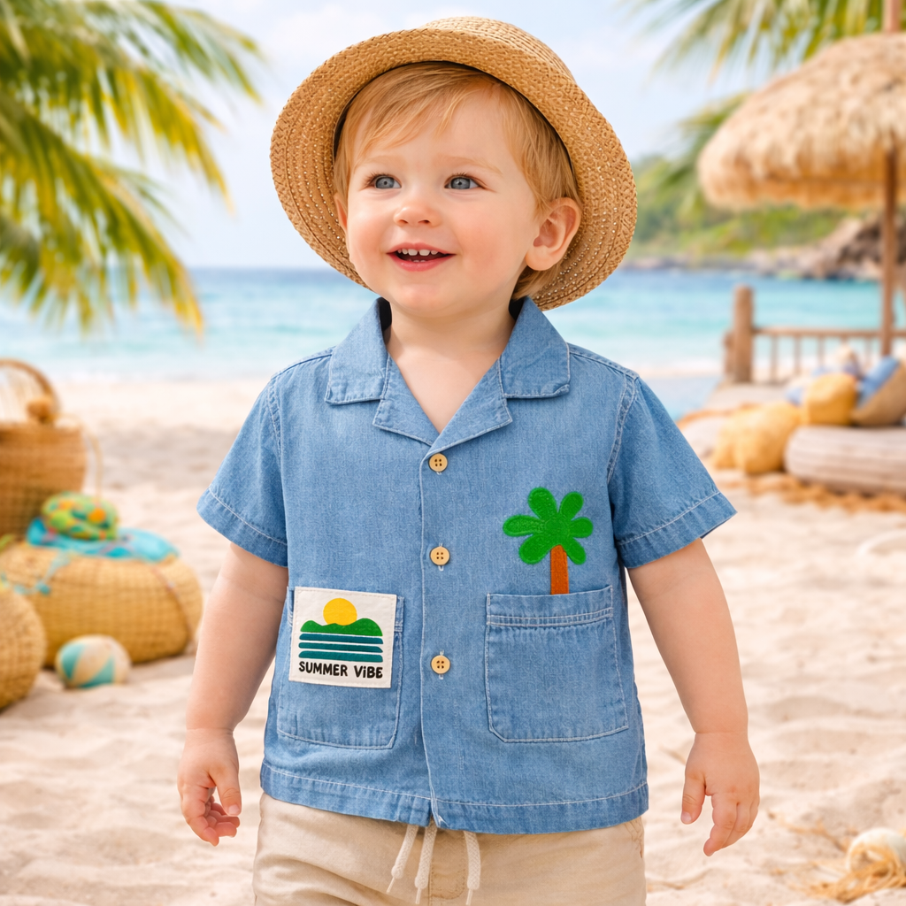 LITTLE KANGAROO Baby Boys Light Blue Denim Shirt | Summer Vibe Palm Patch | Soft Casual Shirt (6–24 Months)