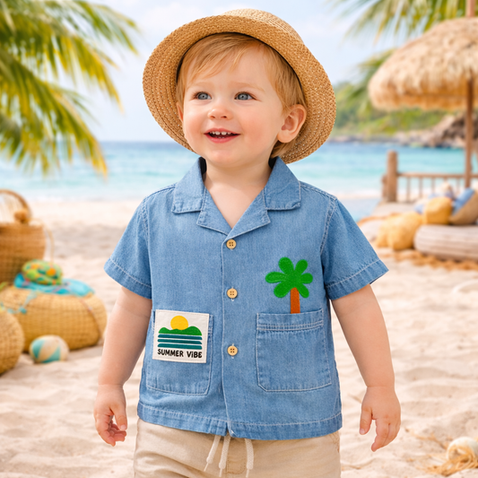 LITTLE KANGAROO Baby Boys Light Blue Denim Shirt | Summer Vibe Palm Patch | Soft Casual Shirt (6–24 Months)