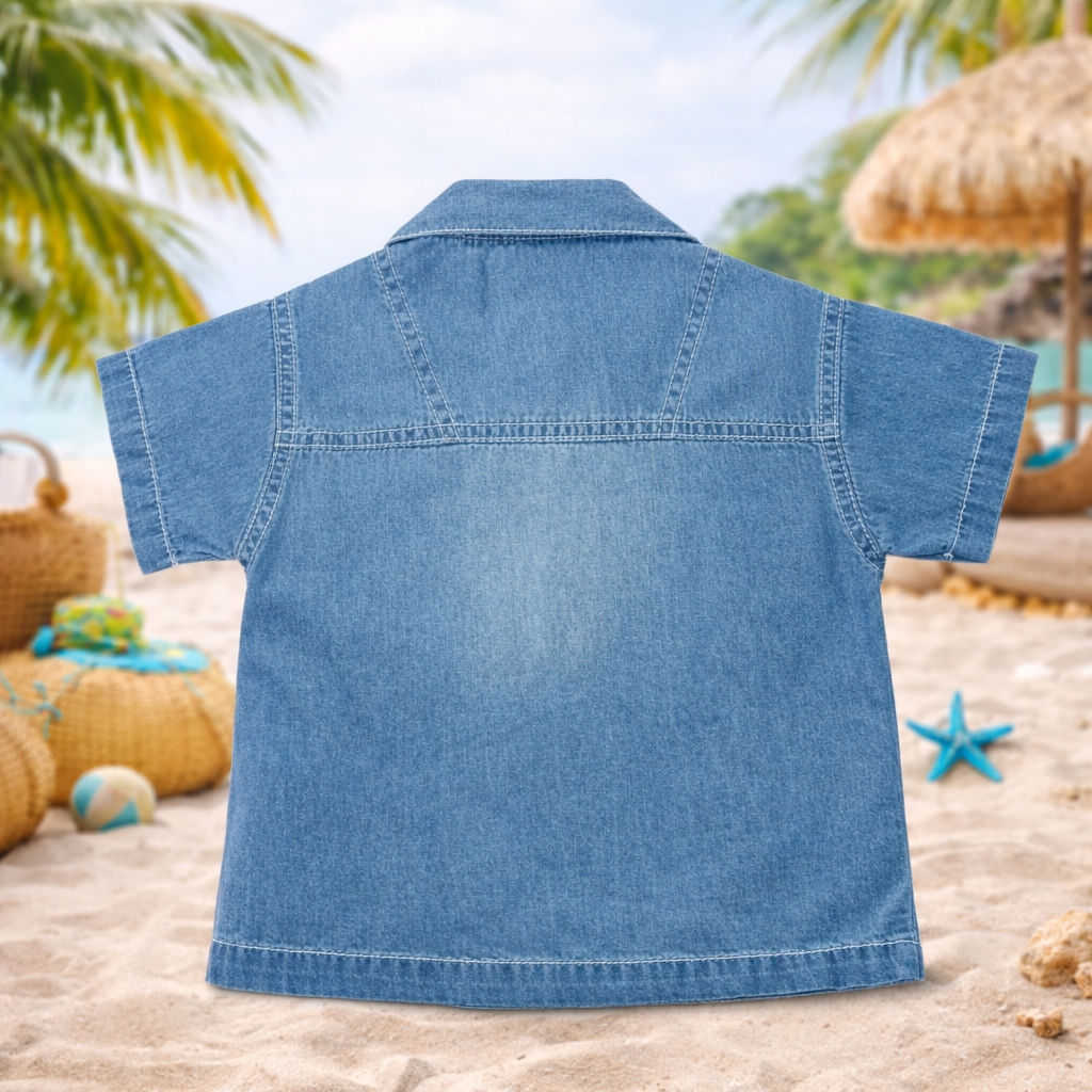 LITTLE KANGAROO Baby Boys Light Blue Denim Shirt | Summer Vibe Palm Patch | Soft Casual Shirt (6–24 Months)