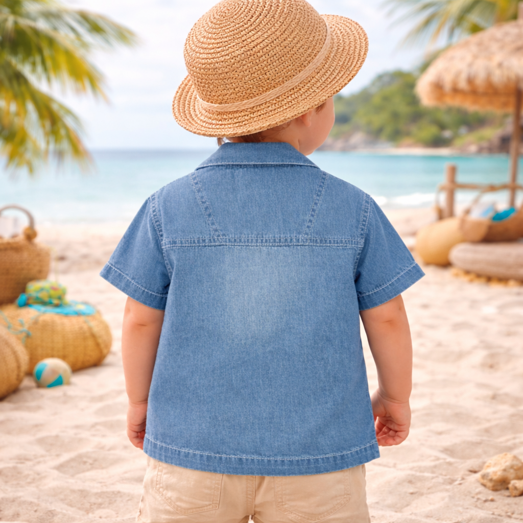LITTLE KANGAROO Baby Boys Light Blue Denim Shirt | Summer Vibe Palm Patch | Soft Casual Shirt (6–24 Months)