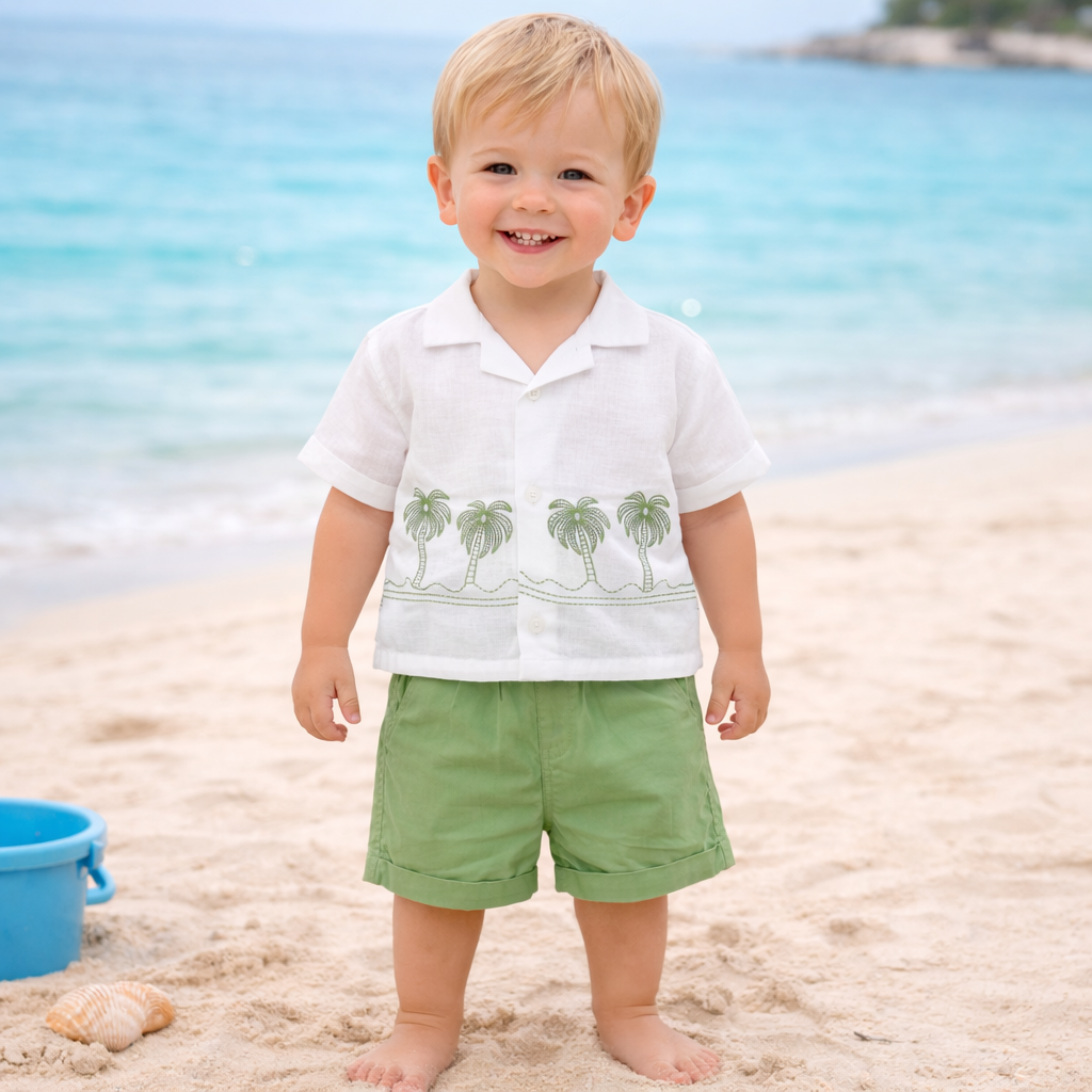 LITTLE KANGAROO Baby Boys Summer Shirt & Shorts Set | Palm Tree Printed Half Sleeve Shirt with Elastic Waist Shorts | Cotton Kids Outfit Set | 6-24 Months