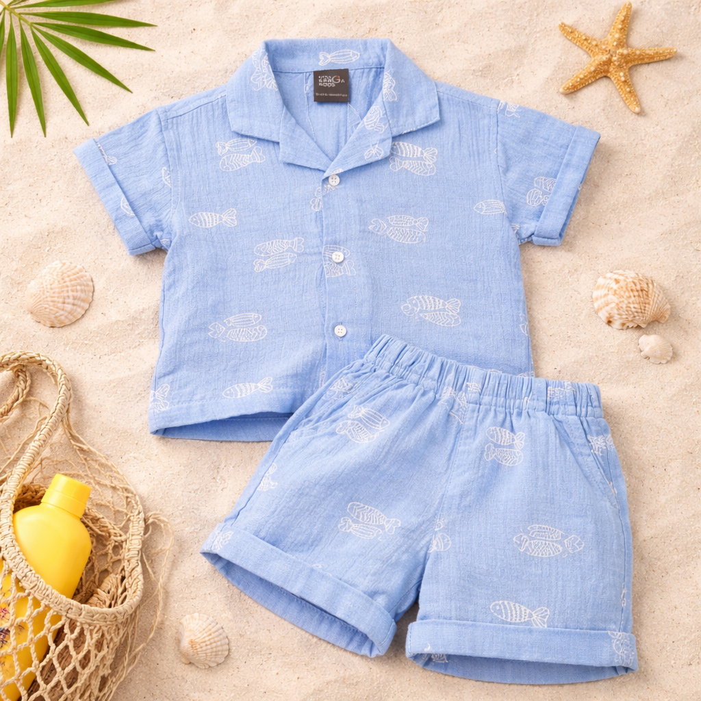 LITTLE KANGAROO Boys Summer Cotton Shirt & Shorts Set | Fish Print Co-ord Outfit for Baby Boys | Soft Breathable Beach Wear Set | Casual Holiday Clothing | 6–24 Months | Sky Blue & White