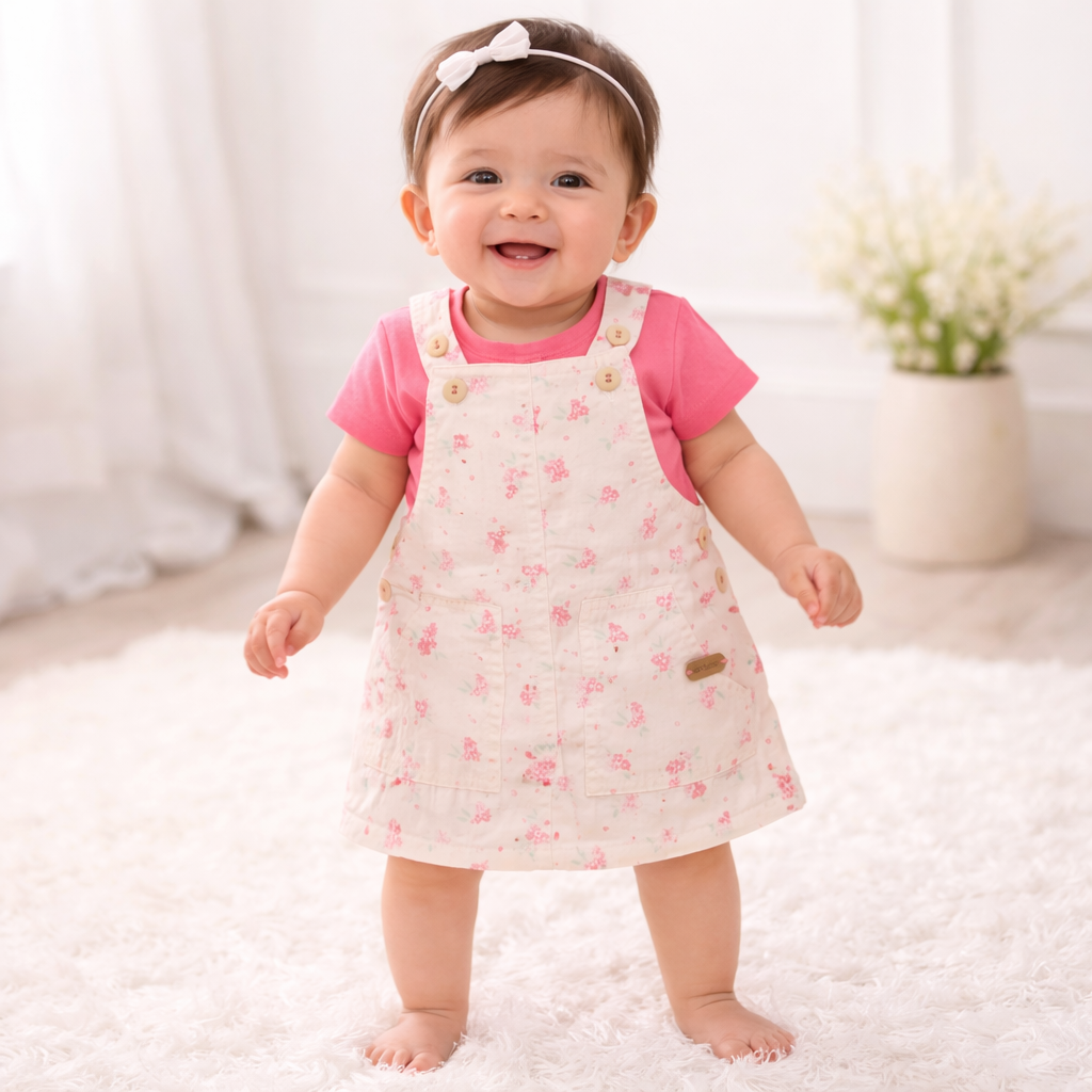 ORRIGANY Baby Girls Flamingo Floral Dungaree Dress with T-Shirt Set (9 Months – 3 Years)