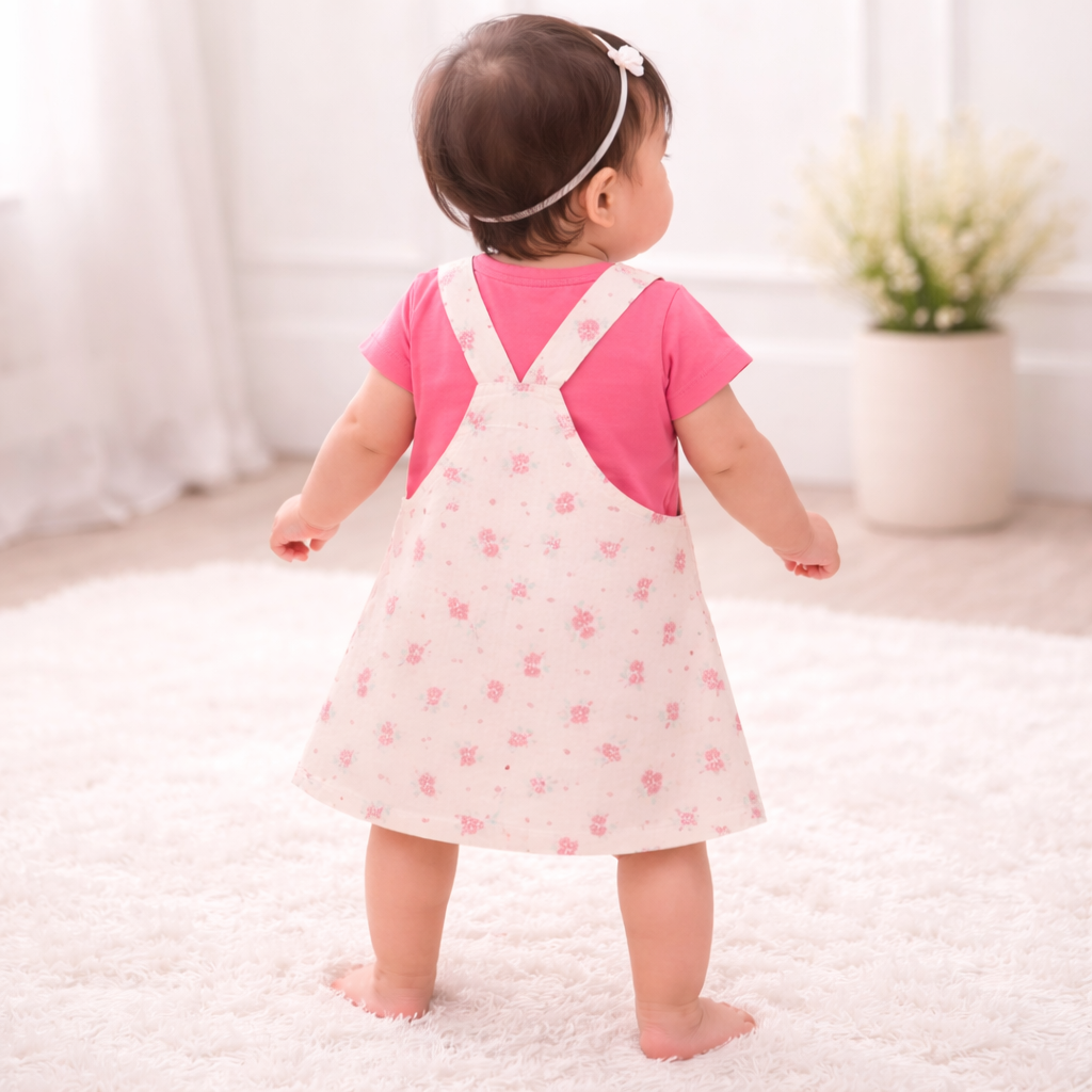 ORRIGANY Baby Girls Flamingo Floral Dungaree Dress with T-Shirt Set (9 Months – 3 Years)