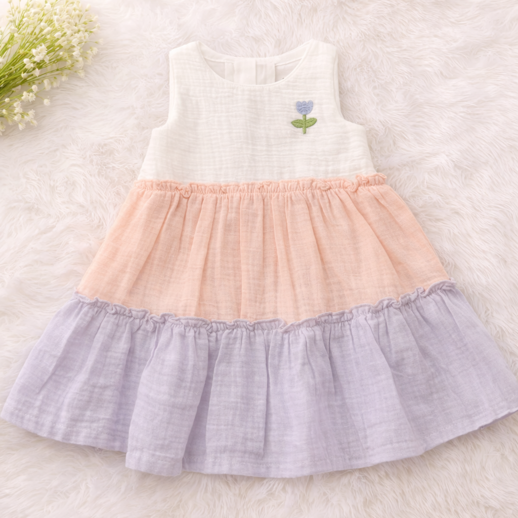 ORRIGANY Girls Pastel Tiered Cotton Frock – Soft Sleeveless Summer Party Wear Dress (9 Months–6 Years)