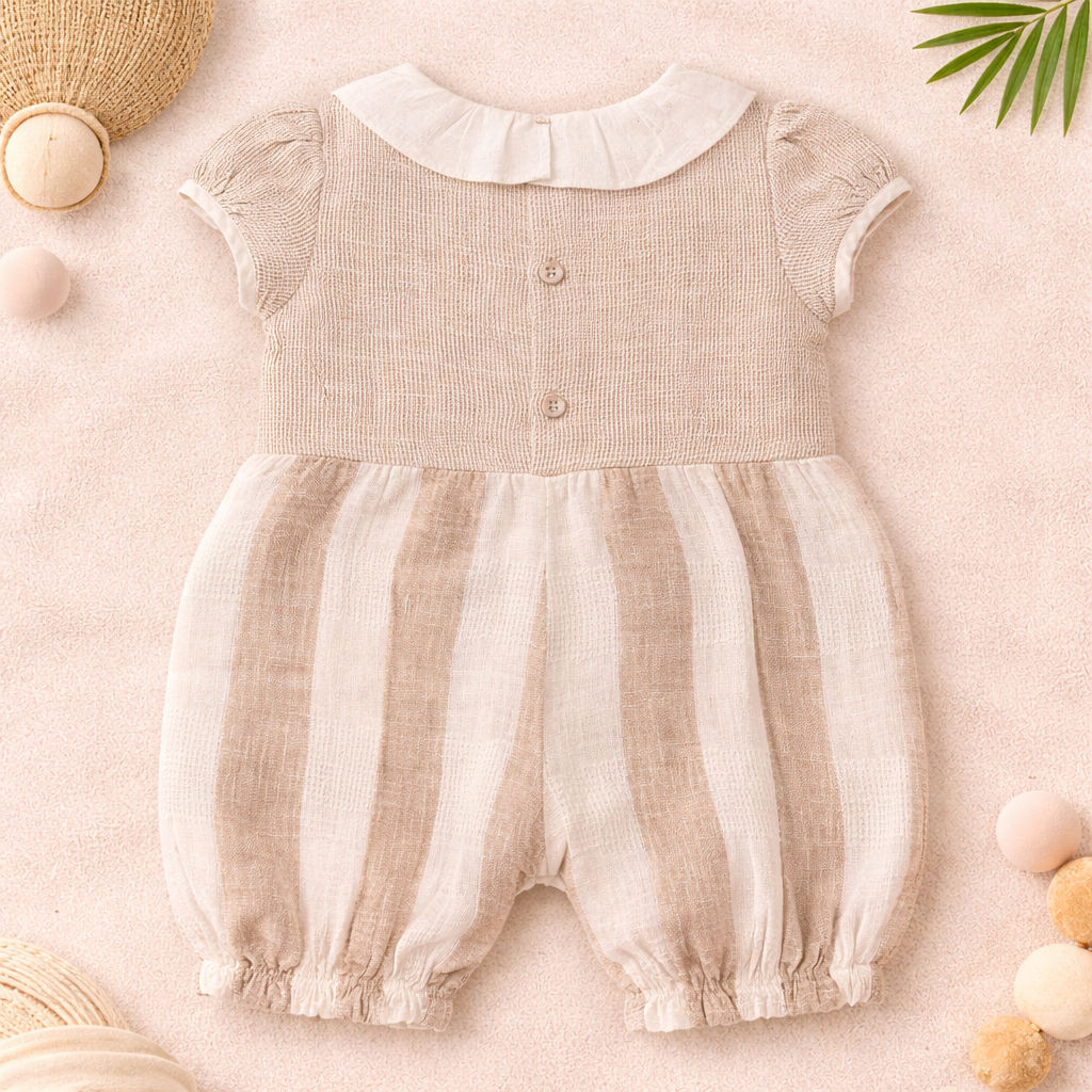 TOFFY HOUSE Baby Beige Striped Cotton Romper with Bow & Collar (NB to 9 Months)
