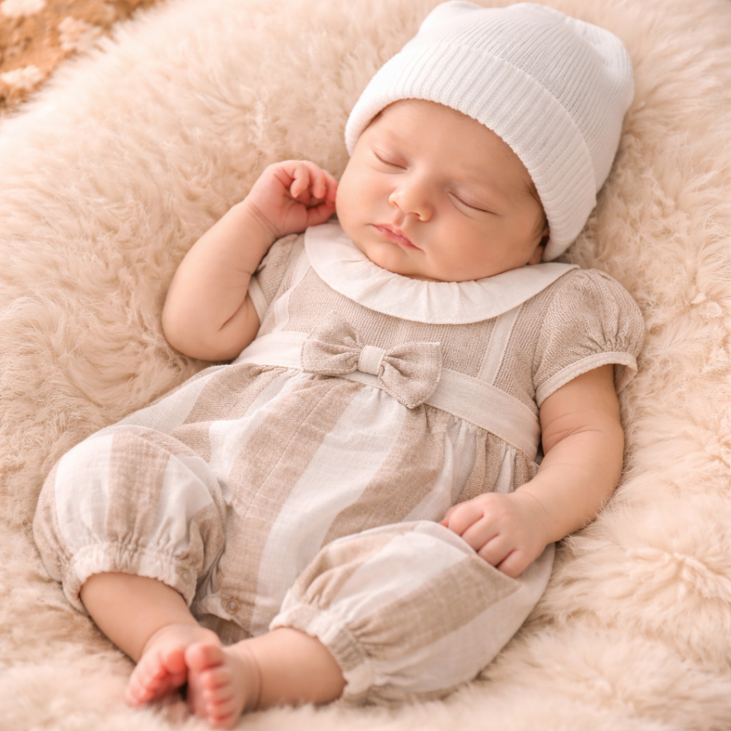 TOFFY HOUSE Baby Beige Striped Cotton Romper with Bow & Collar (NB to 9 Months)