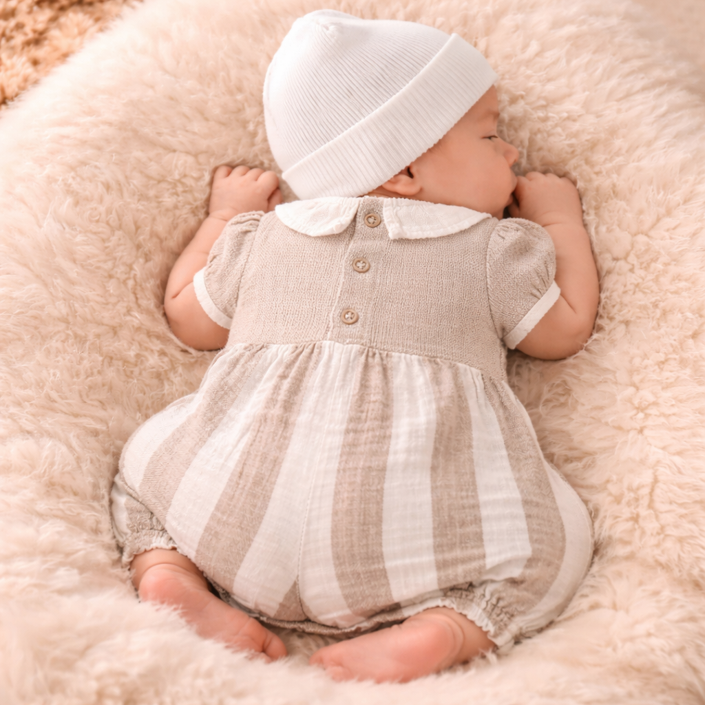 TOFFY HOUSE Baby Beige Striped Cotton Romper with Bow & Collar (NB to 9 Months)