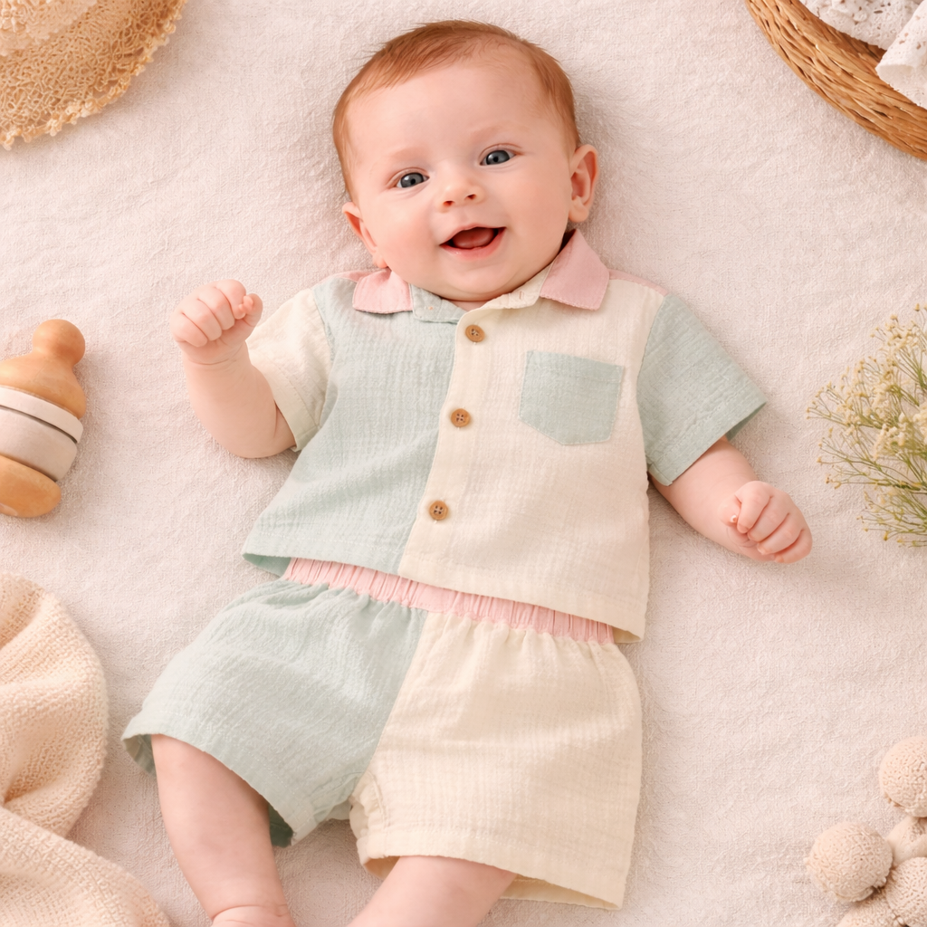 TOFFY HOUSE Baby Boys Cotton Co-Ord Shirt & Shorts Set – Multicolor Pastel (9 Months to 3 Years)
