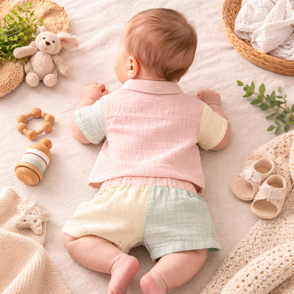 TOFFY HOUSE Baby Boys Cotton Co-Ord Shirt & Shorts Set – Multicolor Pastel (9 Months to 3 Years)