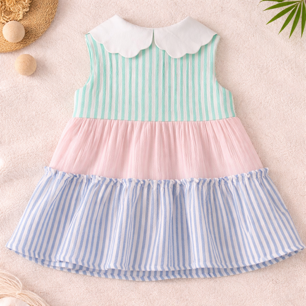 TOFFY HOUSE Baby Girls Pastel Striped Sleeveless Frock | Cute Collar Party Dress | NB to 9 Months