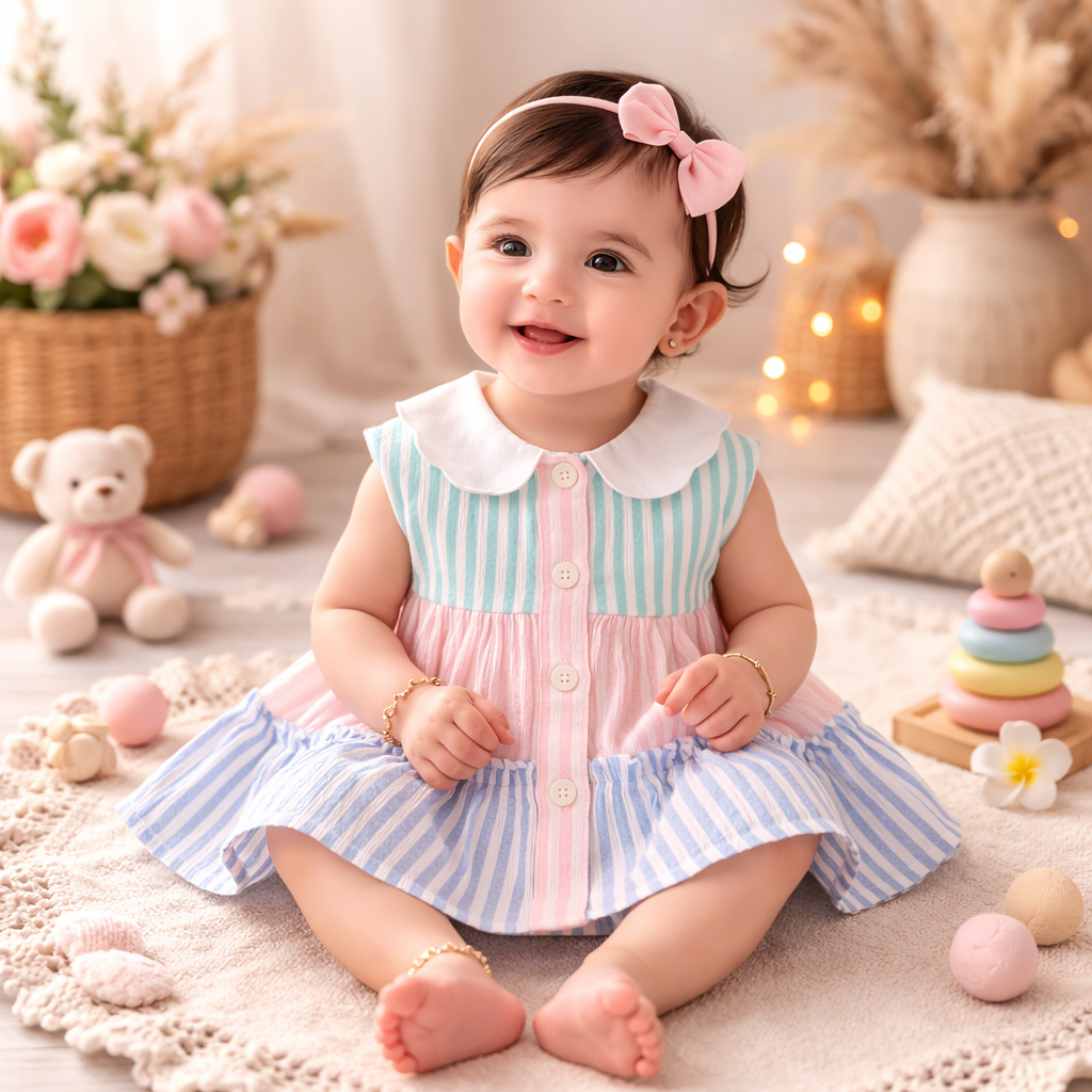 TOFFY HOUSE Baby Girls Pastel Striped Sleeveless Frock | Cute Collar Party Dress | NB to 9 Months