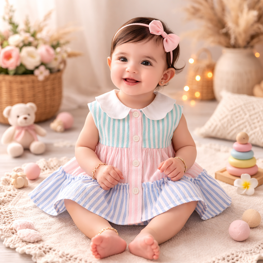 TOFFY HOUSE Baby Girls Pastel Striped Sleeveless Frock | Cute Collar Party Dress | NB to 9 Months
