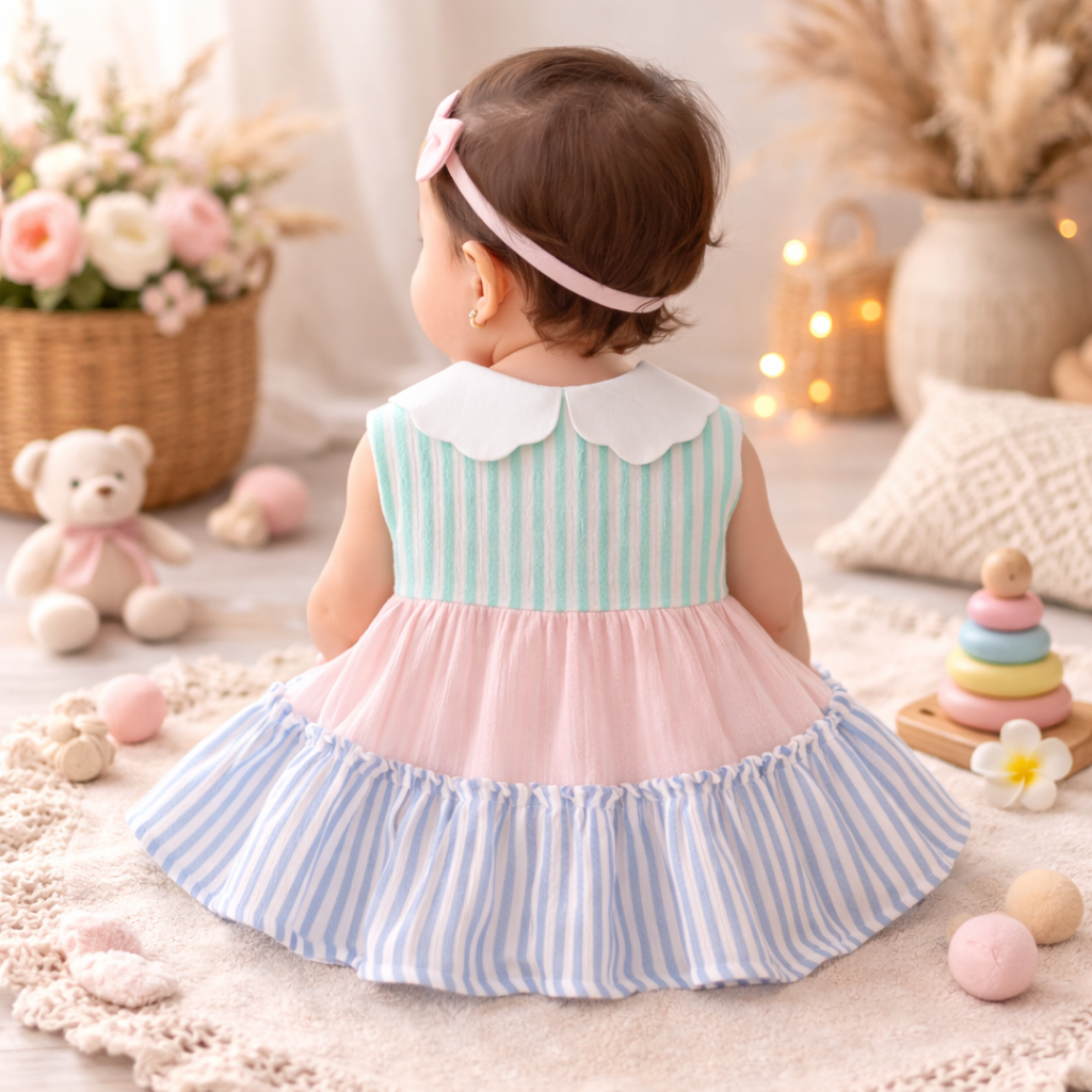 TOFFY HOUSE Baby Girls Pastel Striped Sleeveless Frock | Cute Collar Party Dress | NB to 9 Months