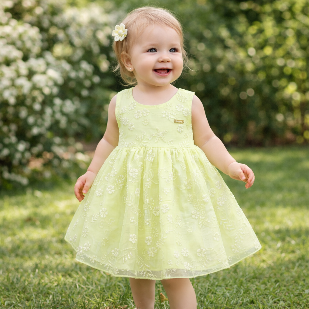ORRIGANY Girls Yellow Floral Embroidered Party Wear Frock – Soft Sleeveless Bow Tie Dress (9 Months–6 Years)