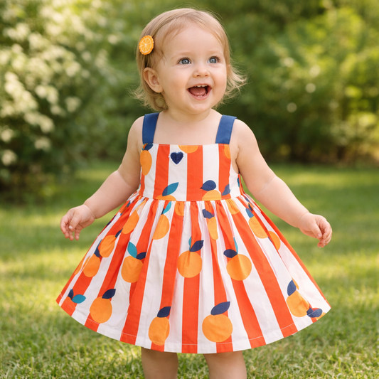 ORRIGANY Girls Orange Stripe Fruit Print Fit & Flare Dress (9 Months to 6 Years)
