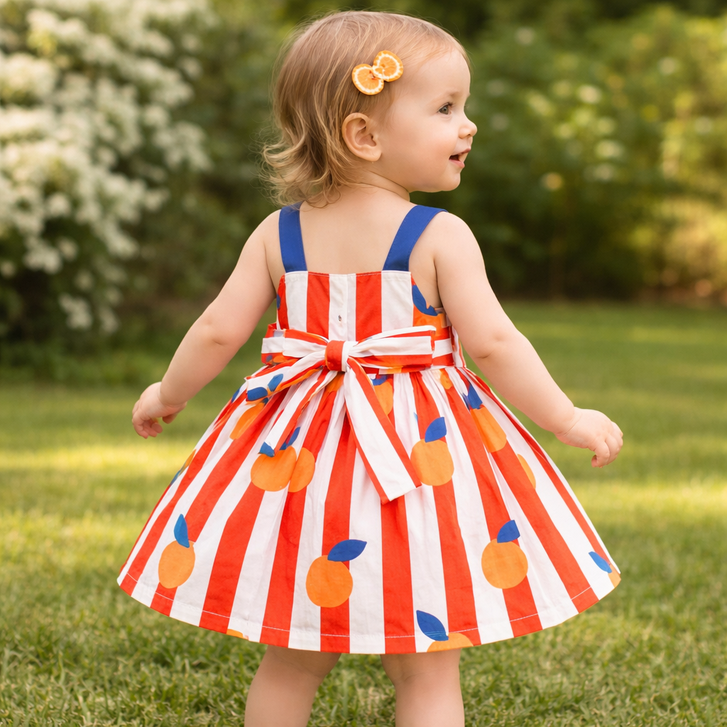 ORRIGANY Girls Orange Stripe Fruit Print Fit & Flare Dress (9 Months to 6 Years)