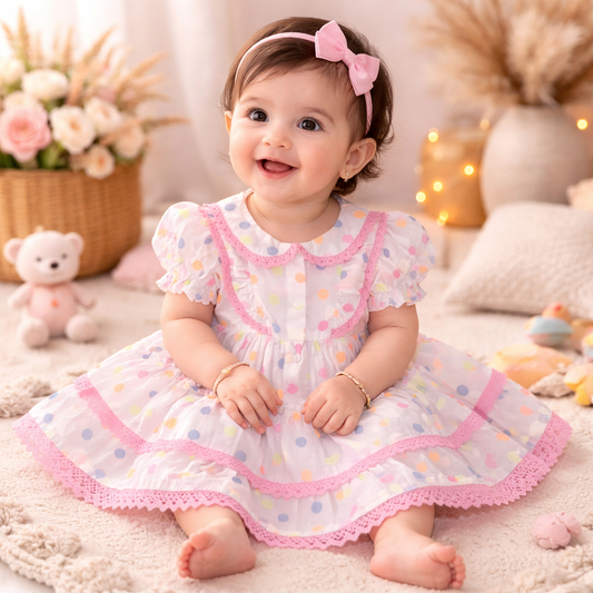 TOFFY HOUSE Baby Girls Pink Polka Dot Party Dress – Soft Layered Frock (9 Months to 3 Years)