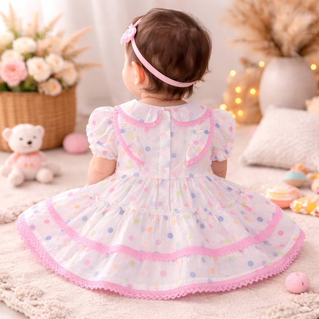 TOFFY HOUSE Baby Girls Pink Polka Dot Party Dress – Soft Layered Frock (9 Months to 3 Years)
