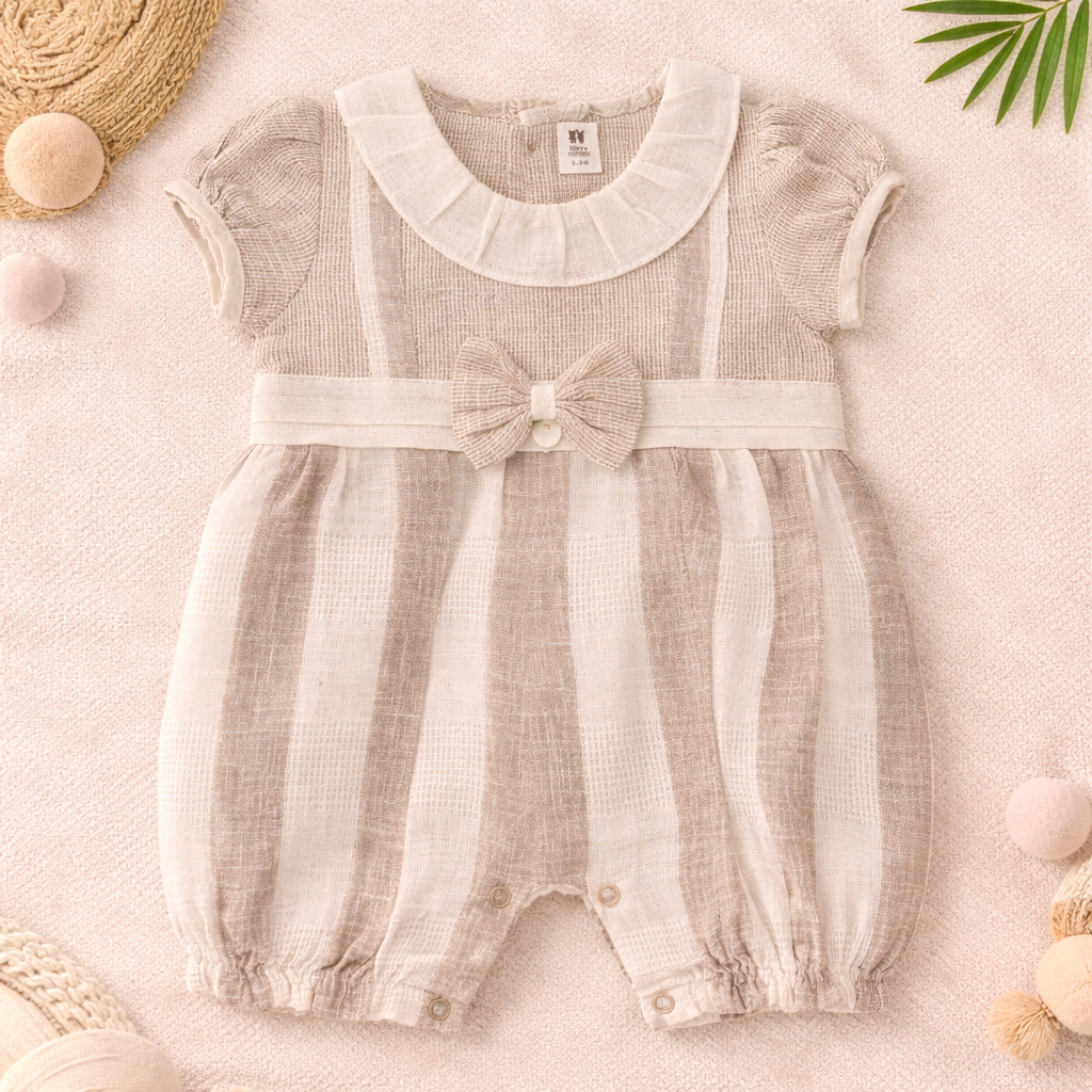 TOFFY HOUSE Baby Beige Striped Cotton Romper with Bow & Collar (NB to 9 Months)