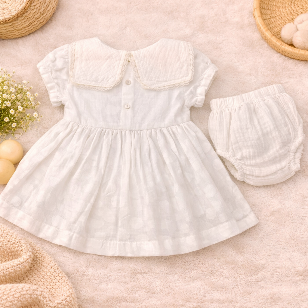 TOFFY HOUSE Baby Girls Cream Cotton Dress with Bloomer Set (NB to 9 Months)