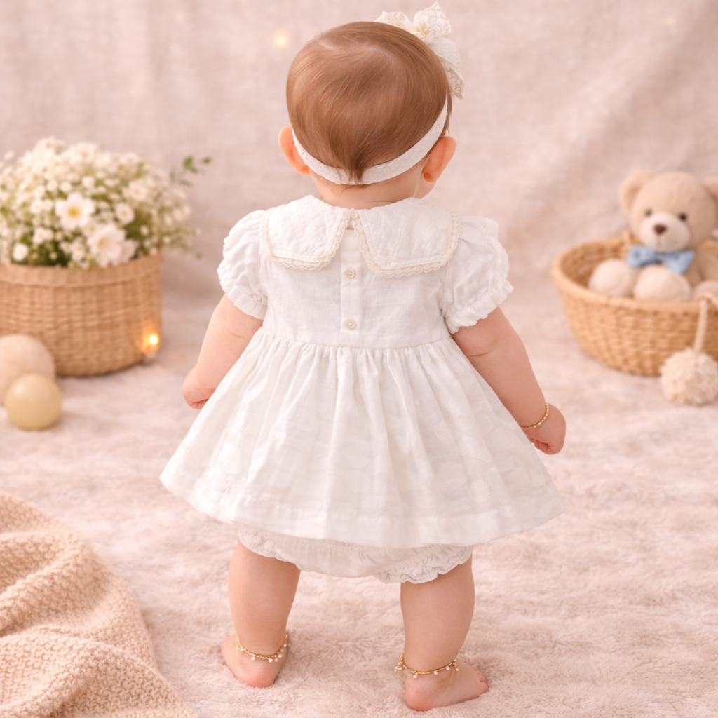 TOFFY HOUSE Baby Girls Cream Cotton Dress with Bloomer Set (NB to 9 Months)