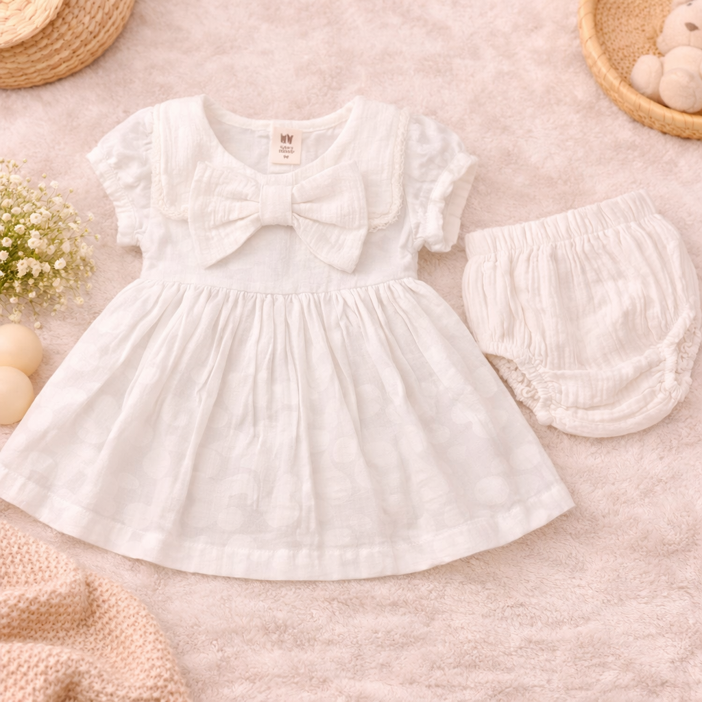 TOFFY HOUSE Baby Girls Cream Cotton Dress with Bloomer Set (NB to 9 Months)