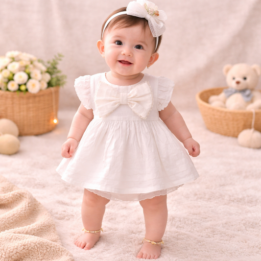 TOFFY HOUSE Baby Girls Cream Cotton Dress with Bloomer Set (NB to 9 Months)