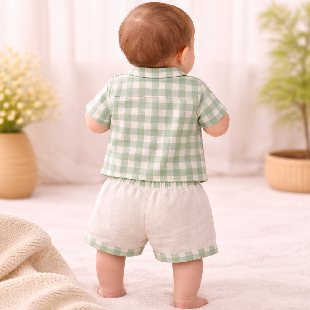 TOFFY HOUSE Baby Boys Green Checked Cotton Shirt & Shorts Set (NB to 9 Months)