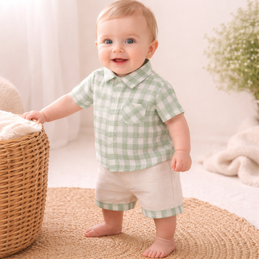 TOFFY HOUSE Baby Boys Green Checked Cotton Shirt & Shorts Set (NB to 9 Months)