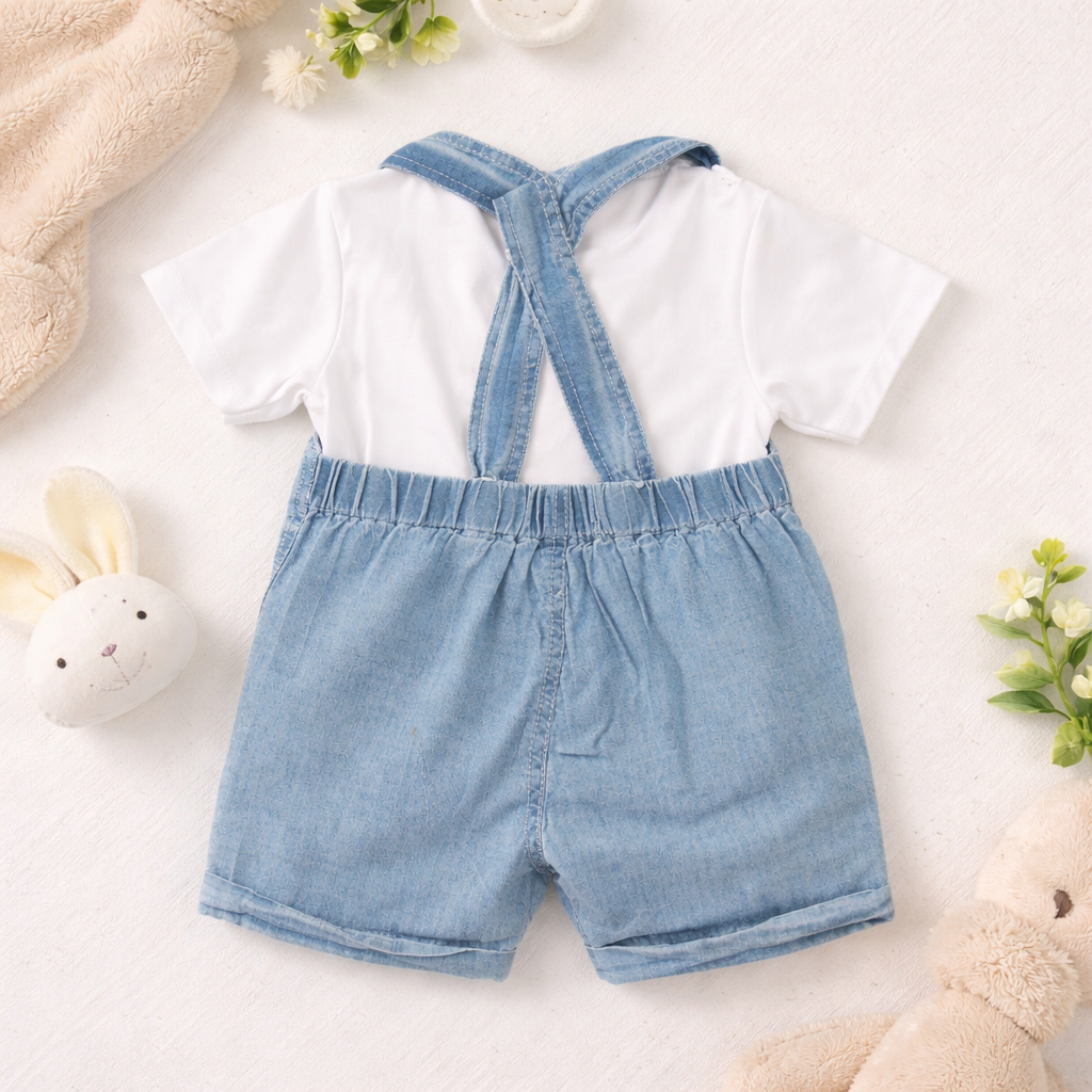 LITTLE KANGAROO Baby Boys Light Blue Denim Dungaree Romper Set with White T-Shirt (3–18 Months)