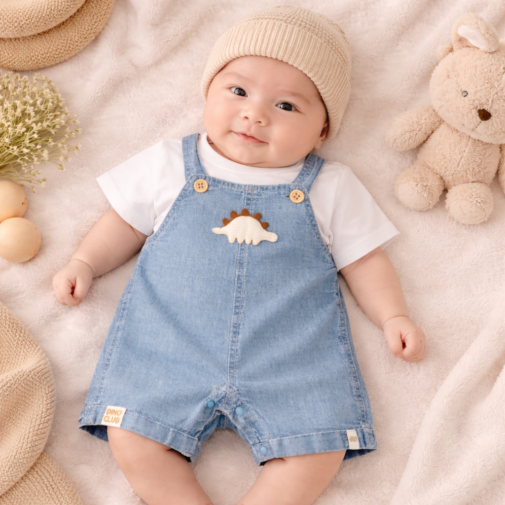 LITTLE KANGAROO Baby Boys Light Blue Denim Dungaree Romper Set with White T-Shirt (3–18 Months)